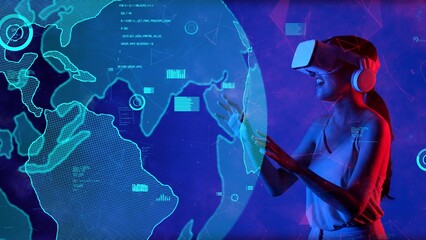 Woman with VR looking metaverse world financial business data graph dynamic report on blue background upload global interface digital infographic network technology visual 3D animation. Hallucination.
