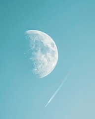 A photo of the moon and an airplane trail in the blue sky, in a minimalist style.