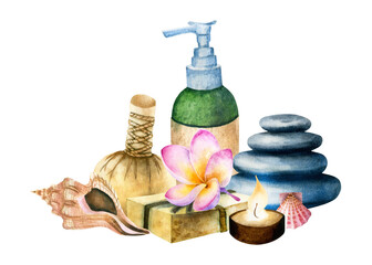 Watercolor hand drawn illustration of spa accessories isolated on a white background.