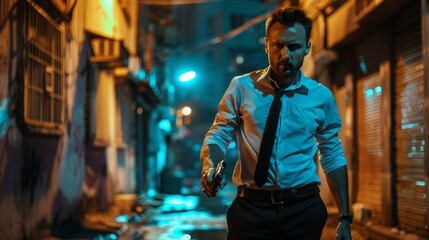 Obraz premium A man in a suit and tie is walking down a dark alleyway holding a gun