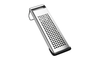 A Gleaming Stainless Steel Grater With a Perforated Surface on a Clear PNG or White Background.