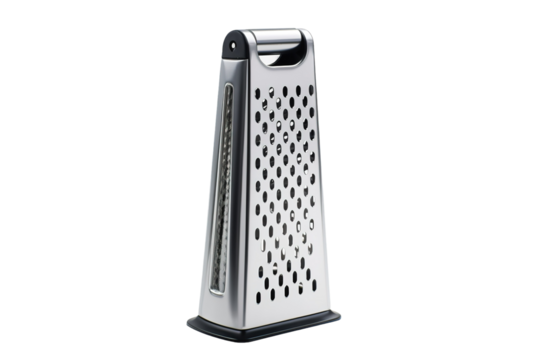 A Stainless Steel Grater Stands Ready for Culinary Adventures on a Clear PNG or White Background.