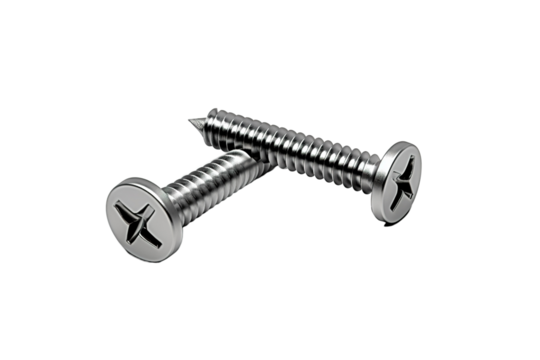 Two Shiny Screws Resting on a White Background on a Clear PNG or White Background.