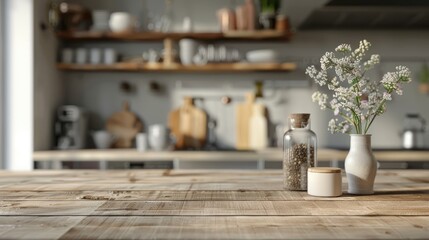 Product display on kitchen table with blurred modern decor