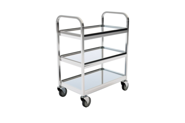 A Shiny, Three-Tiered Stainless Steel Cart Ready for Action on a Clear PNG or White Background.