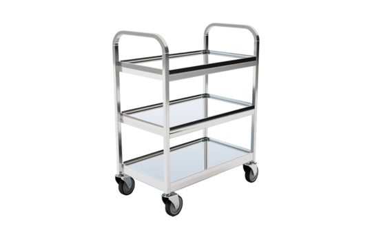 A Shiny, Three-Tiered Stainless Steel Cart Ready for Action on a Clear PNG or White Background.