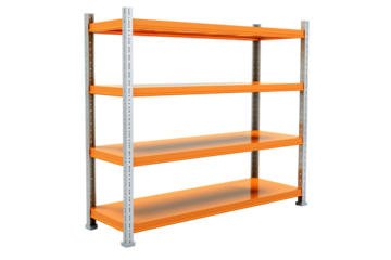 A Sturdy Orange Steel Shelf Unit Ready For Organization on a Clear PNG or White Background.