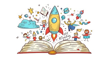 Doodle style vector of open book with school icons, suitable for game designs.