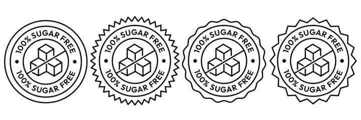 Sugar free icon. Zero sugar label. Set allergen free icons. Allergen free products. Products warning symbols. Lactose, gluten, sugar, corn, egg, trans fat, soy, nuts free, coffeine sign.