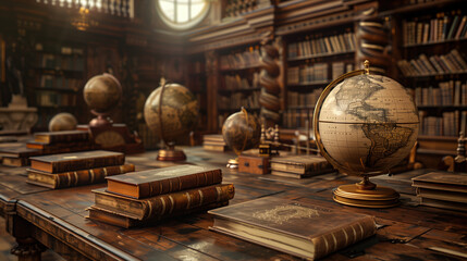 Victorian Library 3D Illustration with Leather-Bound Books and Antique Globes, Highlighting Detailed Textures and Warm Lighting