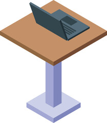 Laptop is sitting on a one legged table with a square top, perfect for showcasing technology or work from home setups