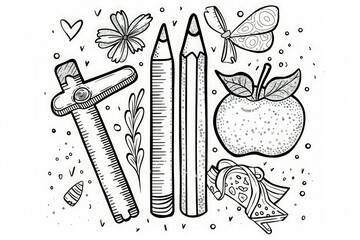 Back to school doodle coloring page with pencil, ruler, and apple, detailed on white.