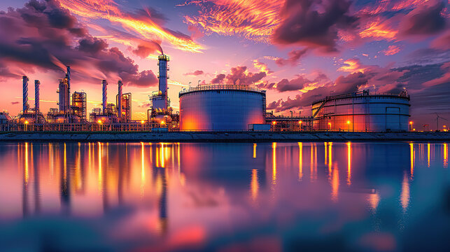 The oil refinery is reflected in the water under a dramatic sky