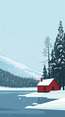Fototapeta premium cabin in snowy forest art flat design