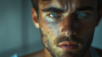 Fototapeta premium A Close up of a Man's Face With Dark Circles Under His Eyes and Beard Stubble - Generative AI