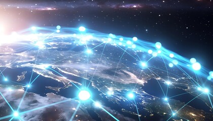 Obraz premium Global networking: virtual Earth connections with cyberspace community, three-dimensional grid, and economic exchange