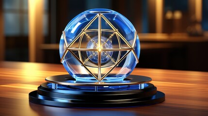 A blue glass dome with sunrays encircles a modern 3D house icon. Conceptual illustration of protection.  