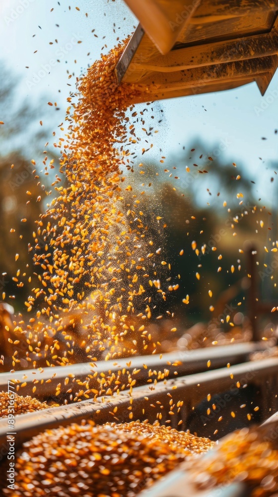 Poster a grain of corn is falling from a machine