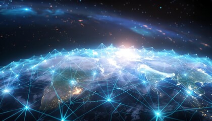 Obraz premium Futuristic global networking: telecom and web connectivity with Earth, satellite, and international virtual networks