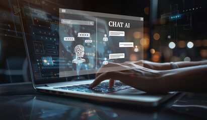 Fototapeta premium A person typing on their laptop, with an AI chat interface showing in the screen. Modern technology concept