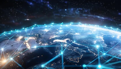 Global cyberspace connections: futuristic network innovation with international satellite connectivity and three-dimensional graphics