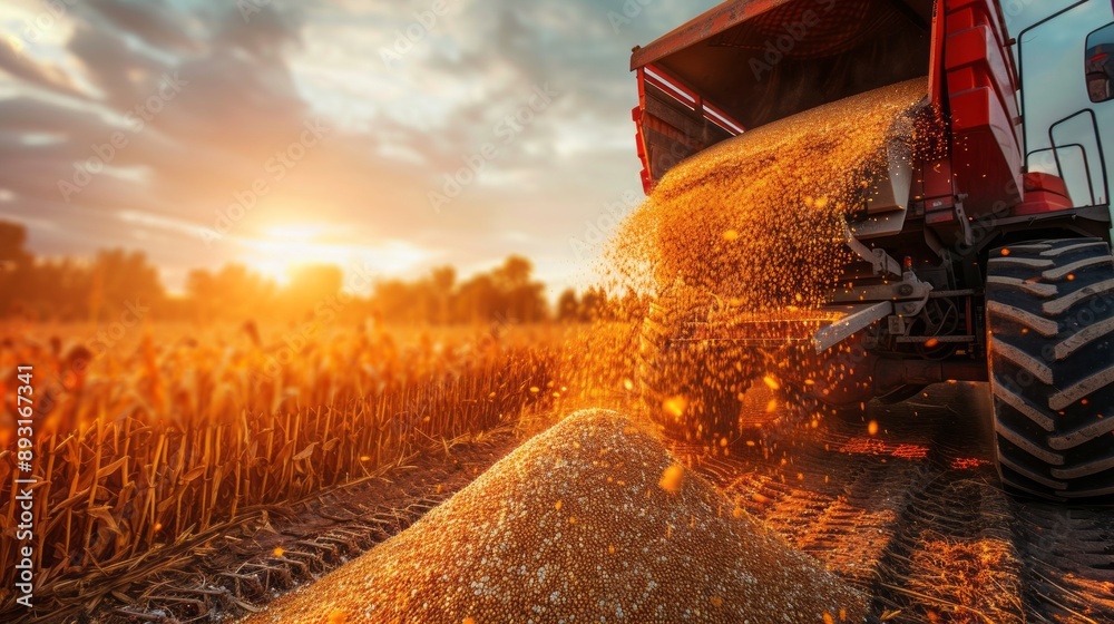 Poster a red tractor is dumping grain into a field