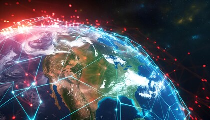 Fototapeta premium Global networking: virtual Earth connections with cyberspace community, three-dimensional grid, and economic exchange
