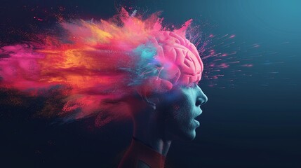 Individual with a shining brain, digital streams flowing around to depict intelligence, neonlit setting, photorealistic, vibrant colors