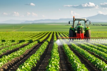 Fototapeta premium A tractor spraying crops in a vast, green field on a sunny day, showcasing modern agriculture and farming techniques.
