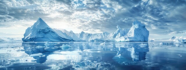 The landscape of the Arctic ocean with melting glaciers and pieces of ice.