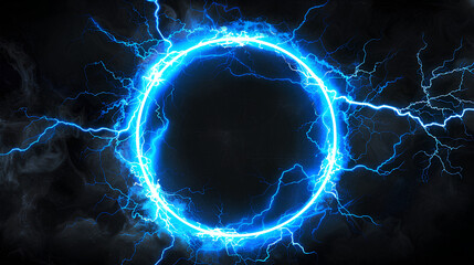 glowing electric blue lightning round frame with plasma portal, isolated on transparent layer overlay or black background 