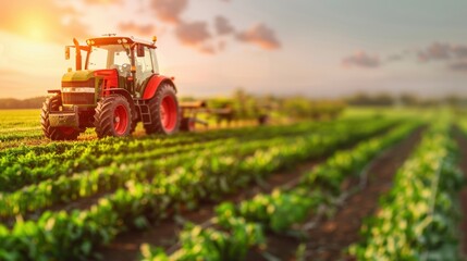 Fototapeta premium Red tractor working on a lush green farm field at sunset, emphasizing agricultural machinery and rural farming in vibrant colors.