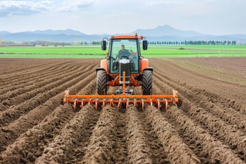 Obraz premium Tractor plowing a vast agricultural field, preparing soil for planting crops on a clear day with mountains in the background.