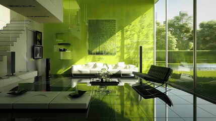 Modern living room with green walls and minimalist furniture