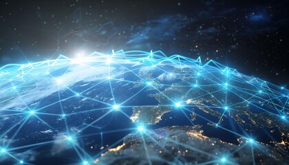 Obraz premium Futuristic global networking: telecom and web connectivity with Earth, satellite, and international virtual networks
