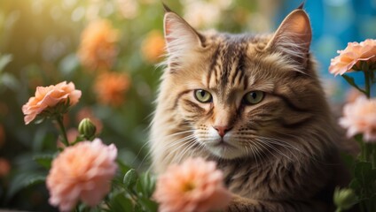 Fototapeta premium Sweet cat and flower on soft background, ideal for text placement and design creativity.