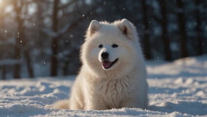 Obraz premium Samoyed puppy playfully sitting in snowdrift with mischievous twinkle in its eye.