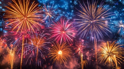 Vivid and vibrant fireworks illuminating the night sky, creating a festival atmosphere with no people present, detailed and colorful