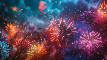 Detailed image of fireworks bursting in various bright colors, emphasizing the festive atmosphere with no people present in the frame