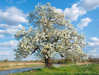 Fototapeta premium Majestic Spring Bloom: Stunning Pear Tree Blossoms in Riverside Meadow