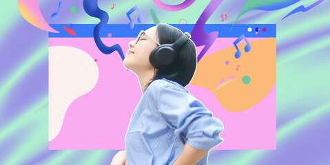 Asian woman listening music aesthetic gen z trend background in collage contemporary art style
