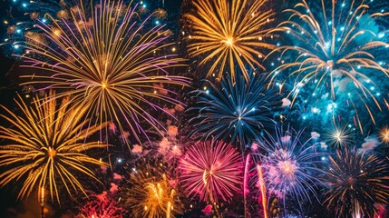 Fototapeta premium High-resolution image of fireworks in various bright colors bursting in the night sky, capturing the festive celebration with no people in sight