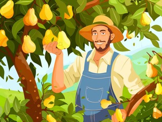 Bountiful Harvest: A Joyous Male Farmer Picking Ripe Pears in the Garden