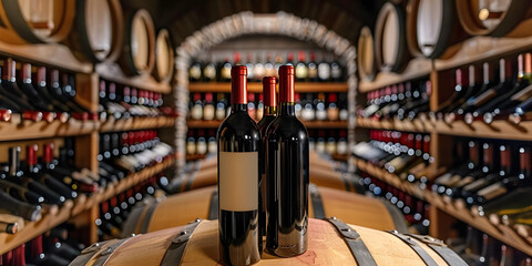 Naklejka premium Exploring an Upscale Wine Cellar Filled with Various Red Wine Bottles.&nbsp;