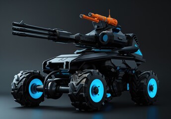 Futuristic Black Tank with Blue Lights and Orange Missile Launcher