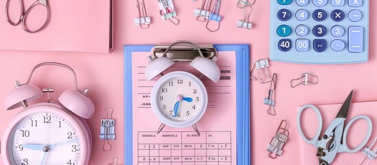 Naklejka premium Elegant clean display of pastel school supplies for educational themes.