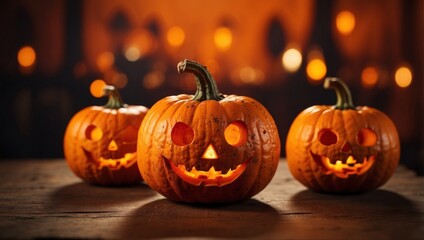 Fototapeta premium Spooky halloween pumpkins on bright orange background with ample space for creative text placement.