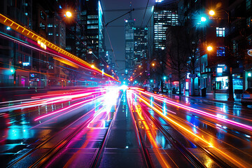 Fototapeta premium A dynamic city scene at night with colorful traffic light trails, tall illuminated buildings, and a bustling urban atmosphere.