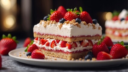 Tempting homemade strawberry sponge cake slice with fresh berries and whipped cream on a plate.