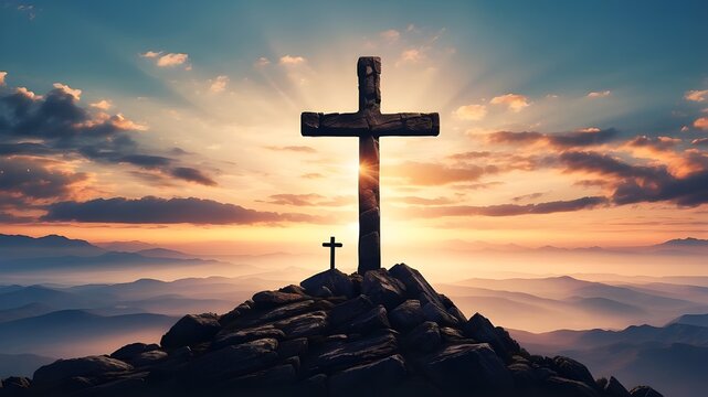 Mountain cross silhouette against majestic sunset sky, stunning sunset sky with mountain cross silhouette, majestic sunset with mountain cross silhouette, cross silhouette on mountain